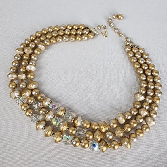 Vintage Gold AB Crystal Beaded Layered Necklace - Picture 2 of 6